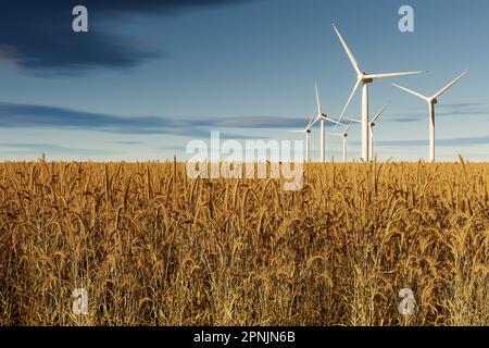 Windturbinen in einem Weizenfeld - 3D Abbildung Stockfoto