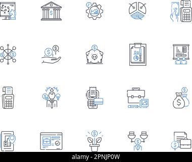 Symbolsammlung für Budgetpositionen. Sparsamkeit, Sparsamkeit, Planung, Speichern, Zuordnung, Ausgaben, Priorisierungsvektor und lineare Darstellung. Prognosen Stock Vektor