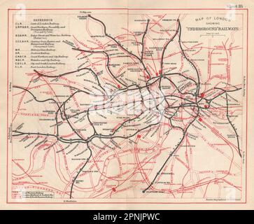 EINE KARTE DER LONDONER U-BAHN. U-Bahn und Eisenbahn. BACON 1925 alte alte alte alte Plankarte Stockfoto