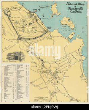 Famagusta & Varosha Bildkarte Oldtimer Stadtplan Gazimagusa Cyprus SABRY 1951 Stockfoto