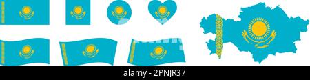 Kasachstan setzt die Nationalflagge und Kartensymbole. Isolierter Vektor auf weißem Hintergrund EPS 10 Stock Vektor