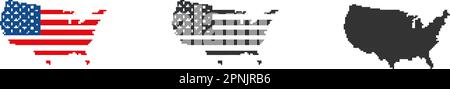 Pixelkarte und Flagge USA. Patriotische 8-Bit-Embleme der Vereinigten Staaten von Amerika. Vektor-isolierte Flachpunktdarstellung, EPS10 Stock Vektor