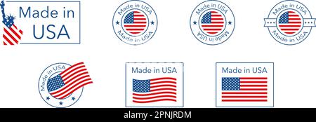 Etikettensatz hergestellt in den USA. US-amerikanisches Produktlogo mit Flagge. Isolierte flache Vektorbeleuchtung Stock Vektor