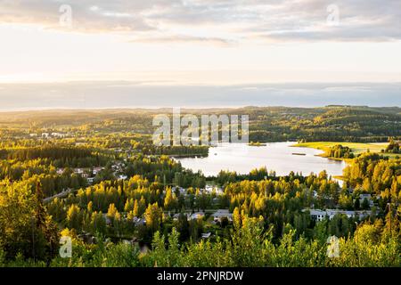 Wald und See in Finnland. Finnische Natur im Sommer. Wunderschöne Landschaft und Luftblick auf die Stadt bei Sonnenuntergang. Nordische Landschaftslandschaft. Stockfoto