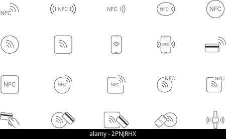 Symbol für NFC-Technologie. Symbole für NFC-Zahlungseinstellungen. Symbolsammlung für kabellose Zahlung, Kreditkartenabgriff Bezahlen. Darstellung der flachen isolierten Vektorlinie Stock Vektor