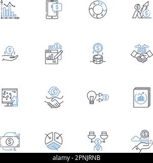Symbolsammlung für Cashflow-Positionen. Gewinne, Einnahmen, Liquidität, Einnahmen, Budgetierung, Schulden, Zahlungen, Vektor und lineare Darstellung. Ausgaben, Zuflüsse Stock Vektor