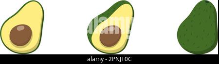 Avocadofrüchte mit flachen Symbolen. Cartoon-Klassiker für vegane Naturkost. Vektor-isolierte Darstellung für Webdesign Stock Vektor