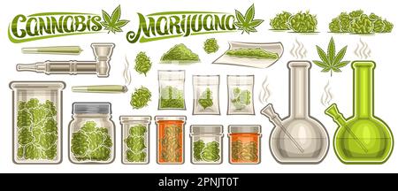 Vector Cannabis Set, Lotsammlung ausgeschnittener Illustrationen Glasgefäße mit medizinischem FreizeitCannabis, Gruppe grüner Unkrautknospen in Plastiktüten Stock Vektor