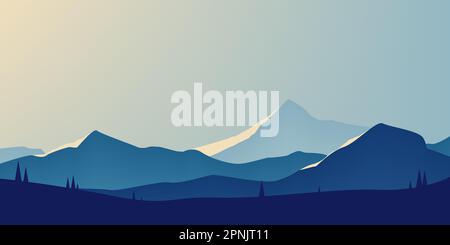 Landschaft, eine Berghütte Silhouetten. Minimalistische natürliche Tapeten in flachem Stil. Blauer Hintergrund. Vectot-Illustration Stock Vektor