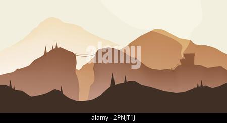 Landschaft, eine Berghütte Silhouetten. Minimalistische natürliche Tapeten in flachem Stil. Brauner Hintergrund. Vectot-Illustration Stock Vektor
