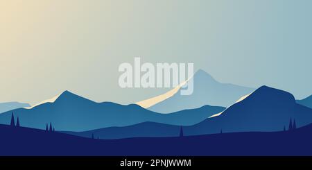 Landschaft, eine Berghütte Silhouetten. Minimalistische natürliche Tapeten in flachem Stil. Blauer Hintergrund. Vectot-Illustration Stock Vektor
