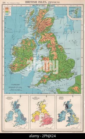 BRITISCHE INSELN PHYSICAL & CLIMATE. Januar Juli Temperatur. Karte Regenfall 1952 Stockfoto