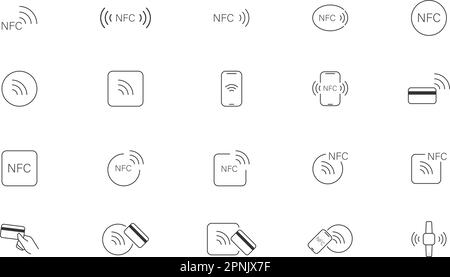 Symbol für NFC-Technologie. Symbole für NFC-Zahlungseinstellungen. Symbolsammlung für kabellose Zahlung, Kreditkartenabgriff Bezahlen. Darstellung der flachen isolierten Vektorlinie Stock Vektor