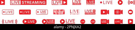 Live-Streaming rote Symbole einstellen. Vektorgrafik für Symbole der Wiedergabetaste. Stock Vektor