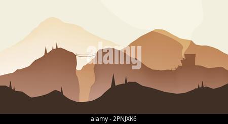 Landschaft, eine Berghütte Silhouetten. Minimalistische natürliche Tapeten in flachem Stil. Brauner Hintergrund. Vectot-Illustration Stock Vektor