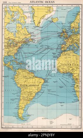 ATLANTIK. Zeigt die wichtigsten Flug- und Versandrouten, die Grenzwerte für Drift/Packeis auf der 1952-Karte an Stockfoto