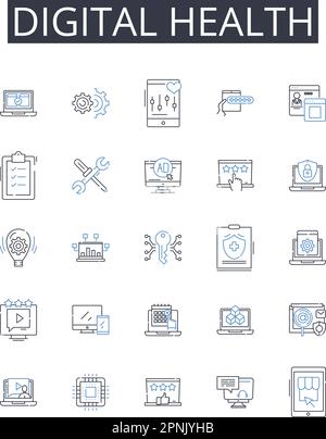 Sammlung von Symbolen für digitale Gesundheitsleitungen. E-Commerce, soziale Medien, mobiles Banking, Finanztechnologie, künstliche Intelligenz, Online-Schulung, Cloud Stock Vektor