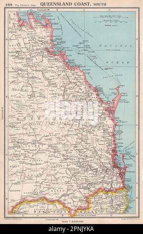 QUEENSLAND COAST, SÜDEN. Landkreise werden angezeigt. BARTHOLOMEW 1952 alte Karte Stockfoto