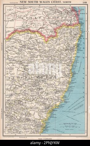 NEW SOUTH WALES KÜSTE, NORDEN. Landkreise werden angezeigt. BARTHOLOMEW 1952 alte Karte Stockfoto