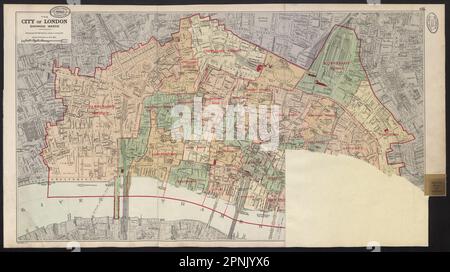 CITY OF LONDON ZEIGT SCHUTZBEZIRKE. Kirchen und öffentliche Baupläne. BACON 1934 Karte Stockfoto