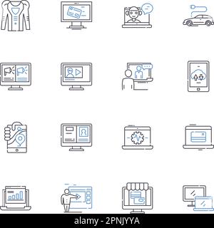 Symbolsammlung für Computerzeilen. Prozessor, Speicher, Speicher, Tastatur, Maus, Monitor, Grafikvektor und lineare Darstellung. Software, Hardware Stock Vektor