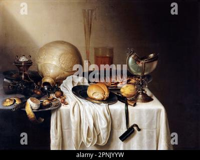 Stille Leben mit einem sogenannten Baerded man Crock und einem Nautilus Shell Cup vom niederländischen Maler des Goldenen Zeitalters, Maerten Boelema de Stomme (1611- nach 1644), Öl auf Holz, 17. Jahrhundert Stockfoto