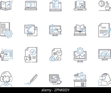 Symbolsammlung für Systemzeilen. Integration, Optimierung, Automatisierung, Effizienz, Sicherheit, Flexibilität, Skalierbarkeit, Vektor und lineare Darstellung Stock Vektor