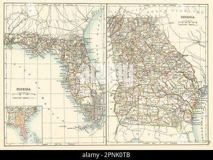 Landkarten der Bundesstaaten Georgia und Florida mit Landkreisen. BARTHOLOMEW 1898 Jahre alt Stockfoto