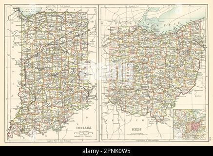 Karten der Bundesstaaten Indiana und Ohio mit Landkreisen. BARTHOLOMEW 1898 alte Antiquität Stockfoto