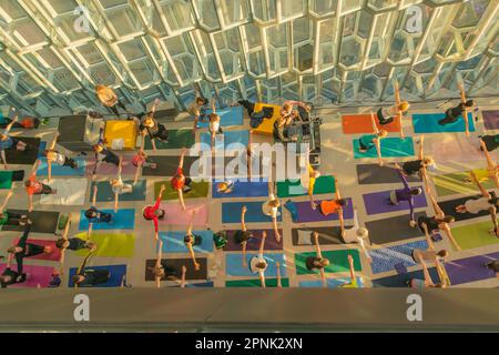 Yoga-Kurs im Inneren des Harpa, einem Konzertsaal und Konferenzzentrum in Reykjavik, Island Stockfoto