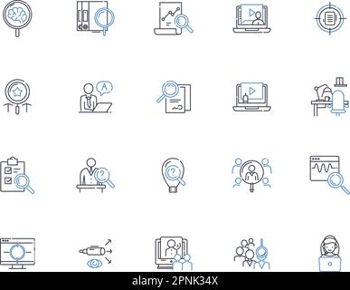 Prüfen Sie die Sammlung der Liniensymbole. Analysieren, Analysieren, Untersuchen, Recherchieren, Sondieren, Vektor und lineare Darstellung prüfen, untersuchen. Untersuchen,Studie Stock Vektor