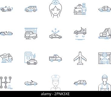 Symbolsammlung für motorisierte Transportlinien. Auto, Fahrrad, Motorrad, Roller, Bus, Vektor und lineare Darstellung für Lkw, Transporter. Umriss Zug, U-Bahn, Straßenbahn Stock Vektor