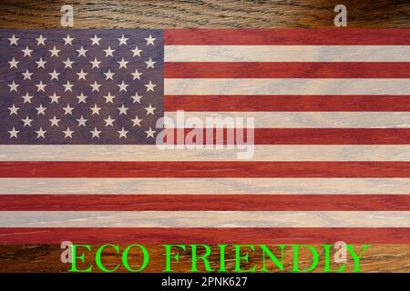 US-Flagge auf Holzhintergrund für globale umweltfreundliche Umwelt, Umwelt- und Umwelteinsparung und GoGreen Country-Konzept. Stockfoto