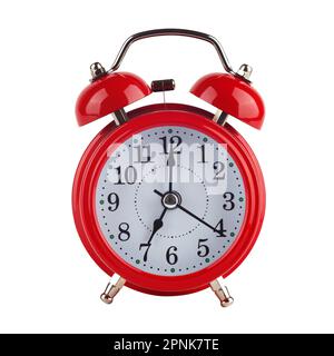 Roter Wecker ohne Hintergrund isoliert. Es ist 7 Uhr. Guten Morgen Stockfoto