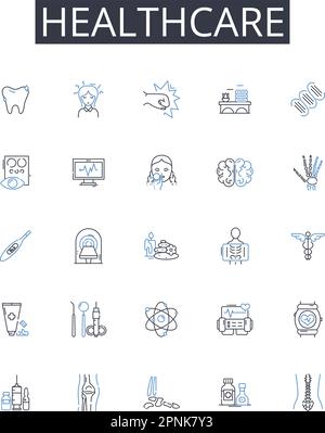 Symbolsammlung für medizinische Leitungen. Medizinische Dienstleistungen, Gesundheitsdienstleistungen, Klinische Versorgung, Behandlungsoptionen, Gesundheitsmanagement, Wellnessprogramme Stock Vektor