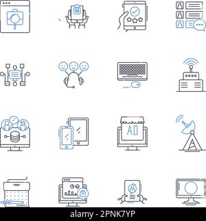 Sammlung der Liniensymbole für die Datenverarbeitung. Analysen, Big Data, Clustering, Dashboards, Datenbanken, Deskriptiv, Dimensionalitätsvektor und linear Stock Vektor