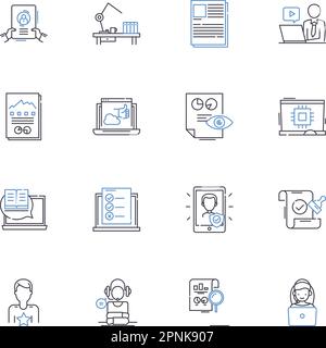 Symbolsammlung für Nachrichtenübermittlung. Break, Investigative, Local, National, International, Exklusiv, Überschriftenvektor und lineare Darstellung Stock Vektor