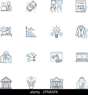 Symbolsammlung für Banklinien. Finanzen, Einlagen, Spareinlagen, Kredite, Zinsen, Investitionen, Hypothekenvektor und lineare Darstellung. Kredit, Geldautomat, Check Stock Vektor