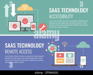 HORIZONTALES BANNER FÜR SAAS-Konzeptfilme mit Software-as-a-Service-Technologien Symbole isolierte Vektordarstellung Stock Vektor