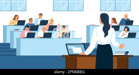 Ein Flachkonzept für den Studenten-Campus mit einem Professor, der vor der Zielgruppe spricht Stock Vektor