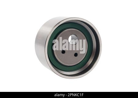 Nahaufnahme der neuen Zahnriemen-Spannrollen auf weißem Hintergrund. Kfz-Ersatzteile. Stockfoto