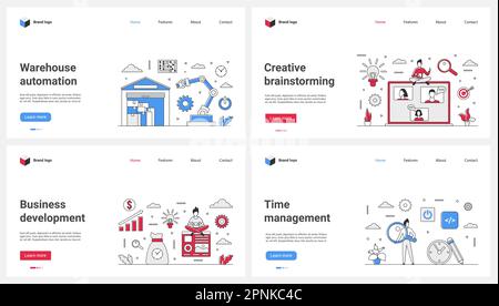 Lagerautomatisierung, Geschäftsentwicklung und Zeitmanagement, Vektordarstellung für Teamwork. Zeichentrickfilme, winzige Menschen, die kreative Ideen sammeln, Projekte mit Lupe und Maschinen planen Stock Vektor