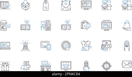 Sammlung der Symbole für die Blockierlinie. Markt, Stand, Kiosk, Anbieter, Stand, Trade, Präsentationsvektor und lineare Darstellung. Verkauf, Showcase, Merchandise Stock Vektor