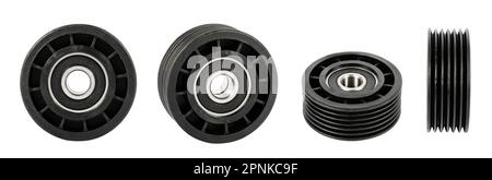 Nahaufnahme der neuen Zahnriemen-Spannrollen auf weißem Hintergrund. Kfz-Ersatzteile. Stockfoto