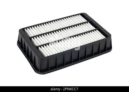 Neues Kfz-Luftfilterelement. Motorluftfilter isoliert auf weißem Hintergrund. Nahaufnahme des Luftfilters über Weiß mit Beschneidungspfad. Stockfoto