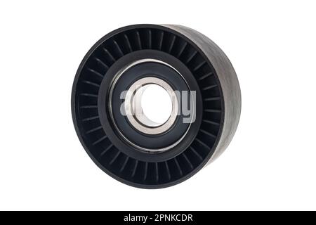 Nahaufnahme der neuen Zahnriemen-Spannrollen auf weißem Hintergrund. Kfz-Ersatzteile. Stockfoto