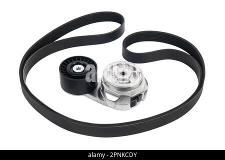 Synchronriemen mit isoliertem Rollensatz auf weißem Hintergrund. Stockfoto