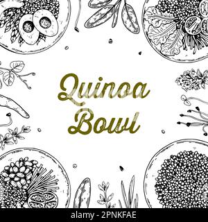 Hintergrund der Quinoa-Schüssel. Handgezeichnete Vektordarstellung im Skizzenstil. Restaurant-Menü-Design Stock Vektor