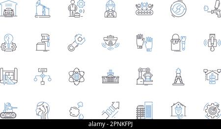 Liniensymbole von Bauunternehmen. Bauunternehmer, Bauunternehmer, Entwickler, Renovierer, Architekten, Ingenieure, Bagger, Vektor und linear Stock Vektor