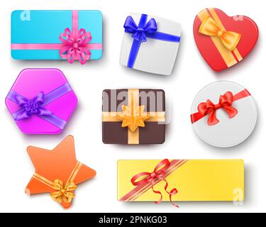 Geschenkschachteln in verschiedenen Formen, mit Band verbunden und mit Schleifen dekoriert realistische, isolierte Vektordarstellung Stock Vektor